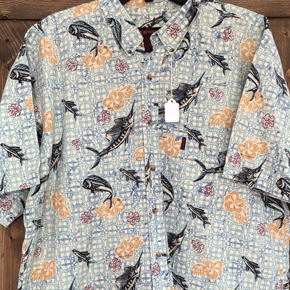 Sportif USA Hawaiian Fish Print Shirt Mens XL Blue Short Sleeve button up